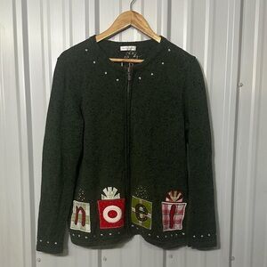 Celestial CJ Banks Hand Embroidered Christmas Cardigan Sweater Women Large